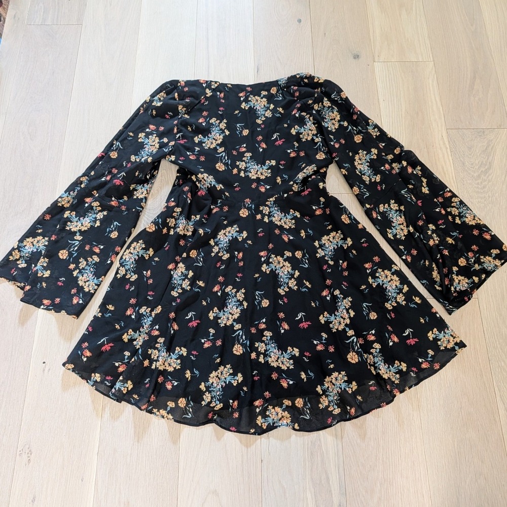 Free People Black Floral Long Sleeve Mini Dress Medium | Boho Romantic | Flowy - Picture 12 of 12